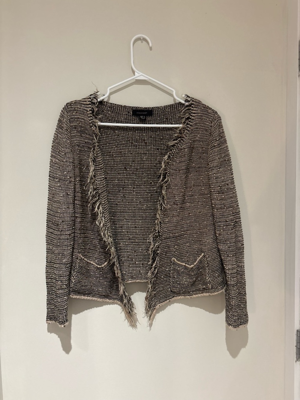 Atmosphere Textured Frayed-Trim Open Cardigan - Brown